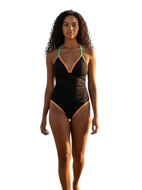 Popvil Black Neon Rainbow Trim V Neck One Piece Swimsuit Colorblock Sz XL